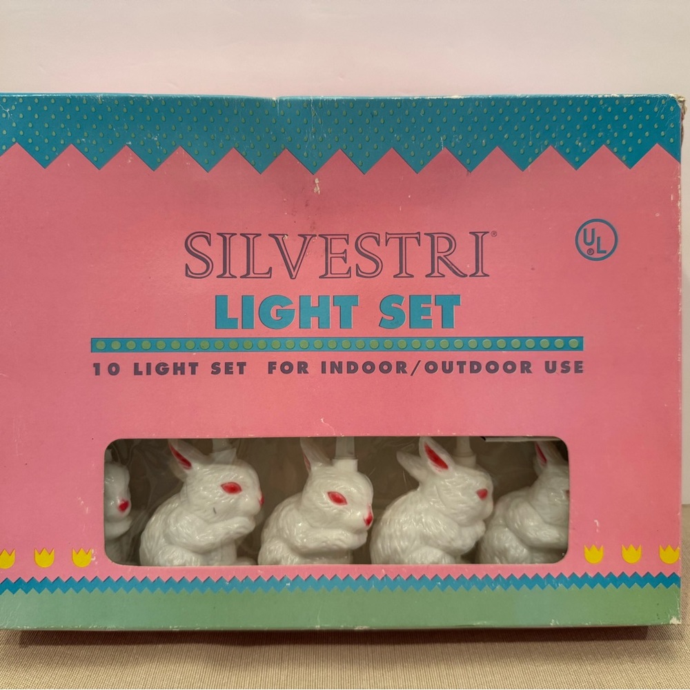 Vintage Silvestri Set Of 10 White Bunny Rabbit Easter String Light Set In Box